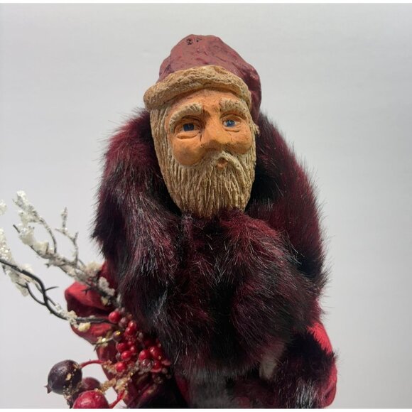 Folk Art Santa Claus Christmas Figurine Patchwork Robe with Faux Fur Trim - Picture 5 of 10